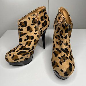 Leopard Print High Heel Ankle Booties Tan